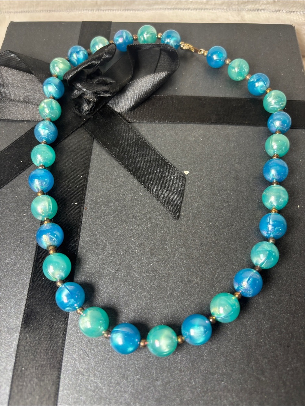 Blue Green Beaded Necklace 18” Vintage
